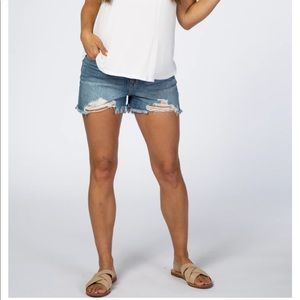 blue distressed hem maternity jean shorts